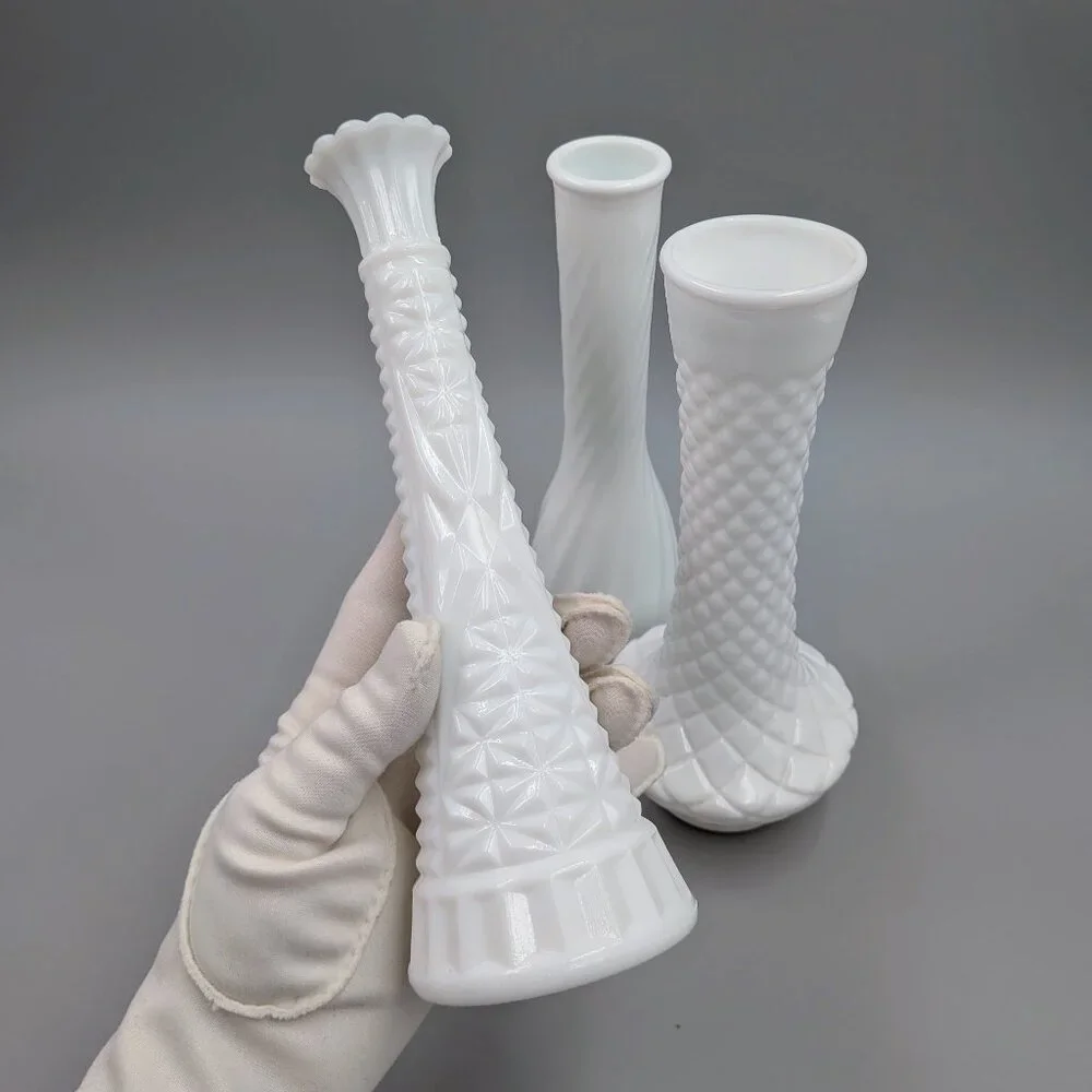 Set of 3 Vintage White Milk Glass Bud Vases - 9" Shabby Chic Floral Decor - Picture 10 of 10